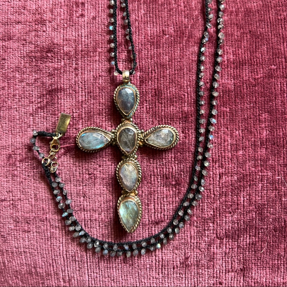 Hand Forged Brass Cross With 6 authentic Labradorite tear Pear Shape Stones!